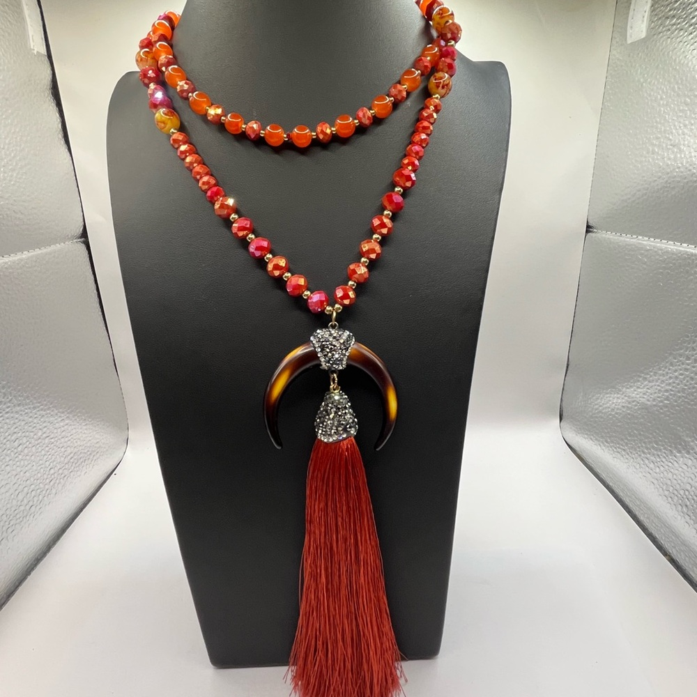 Orange Beaded Necklace with Tassel Ornate Horn Burnt Orange Long